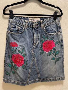 Express Blue Denim Mini Skirt with Pink Floral Embroidery